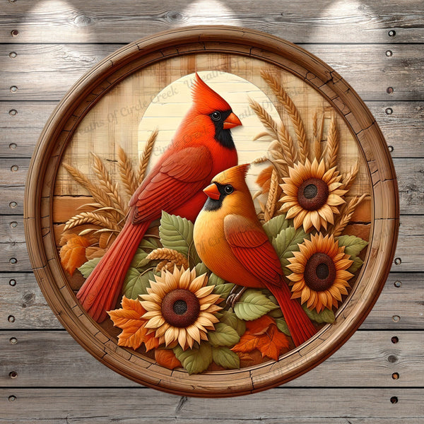 Fall Cardinal, Sunflowers, Rustic, Round, Light Weight, Metal Wreath Sign, No Holes In Sign