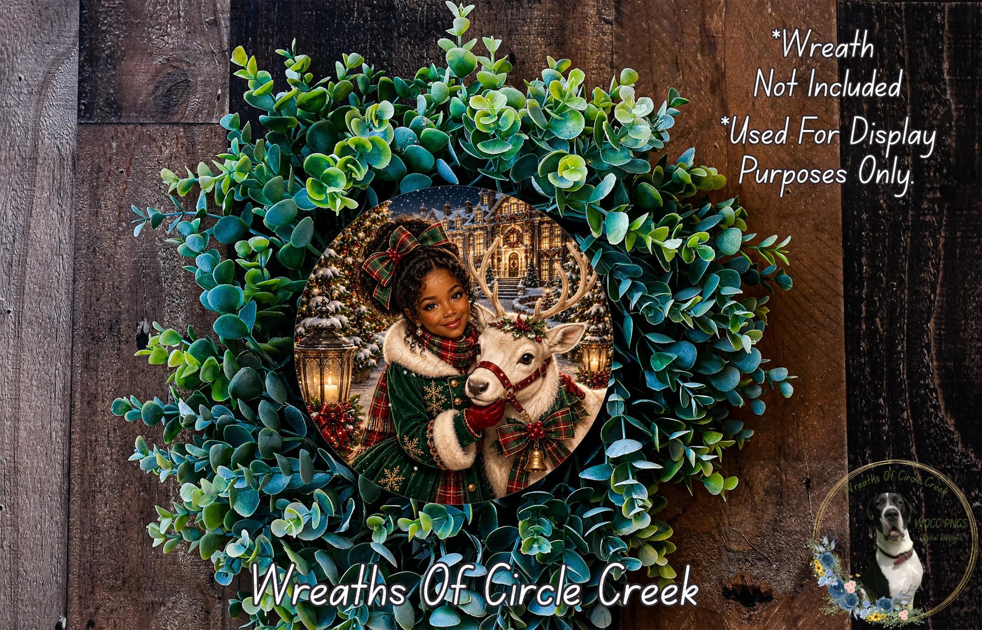 A wreath made of green leaves and a white reindeer, with a woman in a green coat and a red scarf standing in the center.