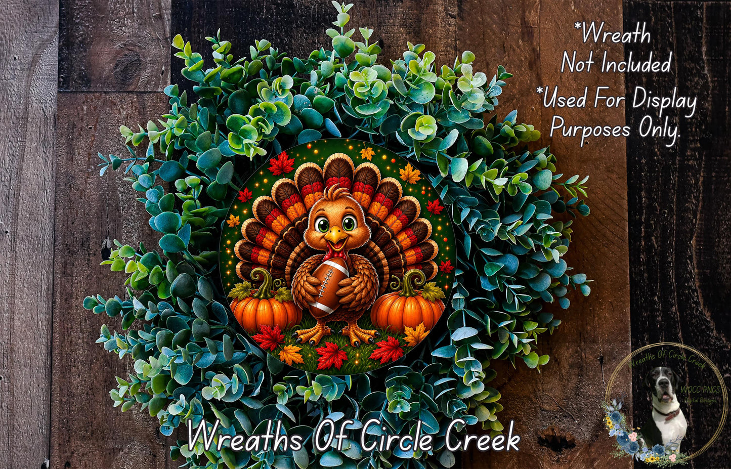 A wreath featuring a turkey holding a football, surrounded by pumpkins and greenery, with a caption stating that it is not included in a display and is used only for purposes.