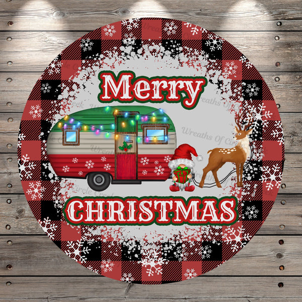 Christmas Camper, Gnomes, Reindeer, Snow, Merry Christmas, Red and Black, Plaid, Light Weight, Metal, Wreath Sign, No Holes In Sign