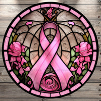 Breast Cancer Awareness, Pink Ribbon, And Roses, Stained Glass Print, Round UV Coated, Metal Sign, No Holes