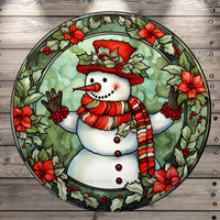 Snowman, Stained Glass Print, Holly Berries, Poinsettias, Round, Light Weight, Metal Wreath Sign, No Holes