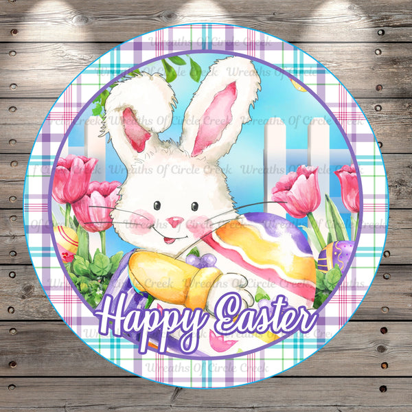 Easter Bunny, Happy Easter, Easter Eggs, Tulips, Pastel, Plaid, Round, Light Weight Metal, Wreath Sign, No Holes