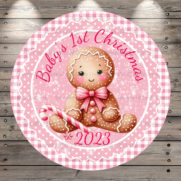 Baby’s First Christmas, 2023, Girl, Gingerbread, Pink, Wreath Sign, No Holes, Round UV Coated, Metal