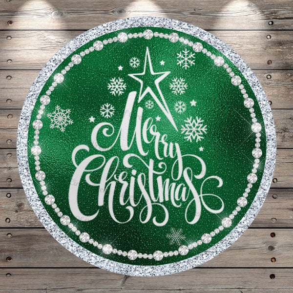 Merry Christmas, Green, Silver, Christmas Tree, Star, Round, Light Weight, Metal, Wreath Sign, No Holes In Sign