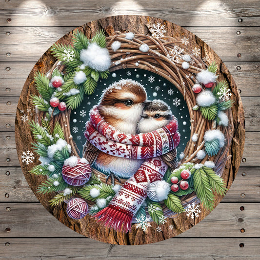 Winter Birds, Nest, Woodland, Winter, Christmas, Snow, Round Metal, Wreath Sign, No Holes In Sign