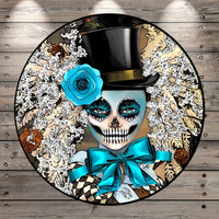 Day of The Dead, Black Top Hat, Skelton, Blue Rose, Round UV Coated, Metal Sign, No Holes