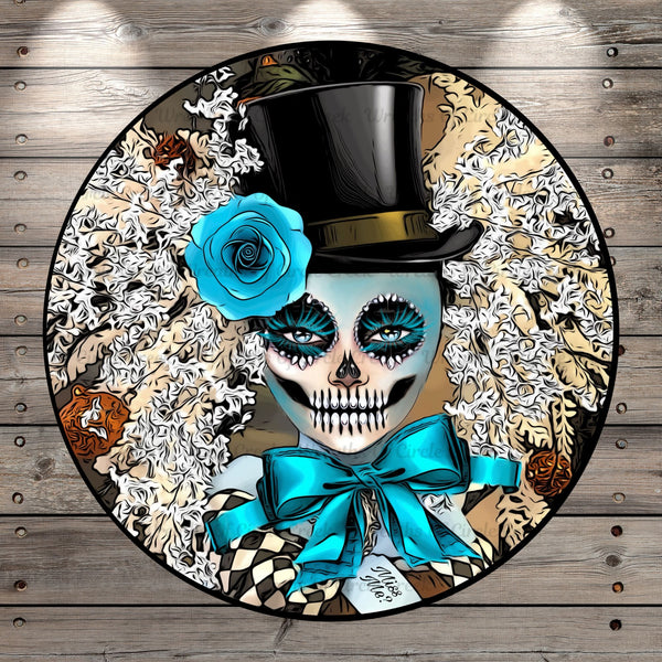Day of The Dead, Black Top Hat, Skelton, Blue Rose, Round UV Coated, Metal Sign, No Holes
