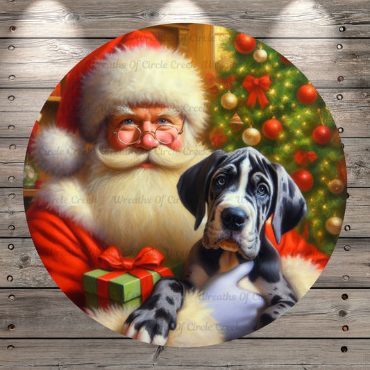 Merry Christmas, Santa Holding a Great Dane Puppy, Round, Light Weight, Metal Wreath Sign, No Holes Light Weight, Round Metal Wreath Sign, No Holes, UV Coated