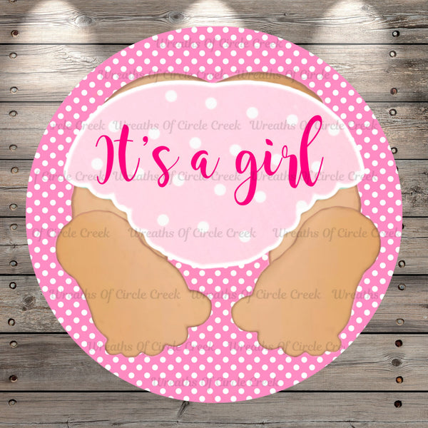 It's A Girl, Baby Shower, Pink, Girl, Wreath Sign, No Holes, Round UV Coated, Metal