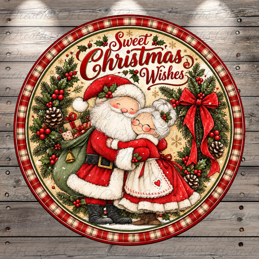 A circular Christmas-themed illustration featuring Santa Claus and his reindeer, surrounded by holiday decorations such as pine cones, berries, and a wreath. The text "Sweet Christmas Wishes" is displayed above the illustration.