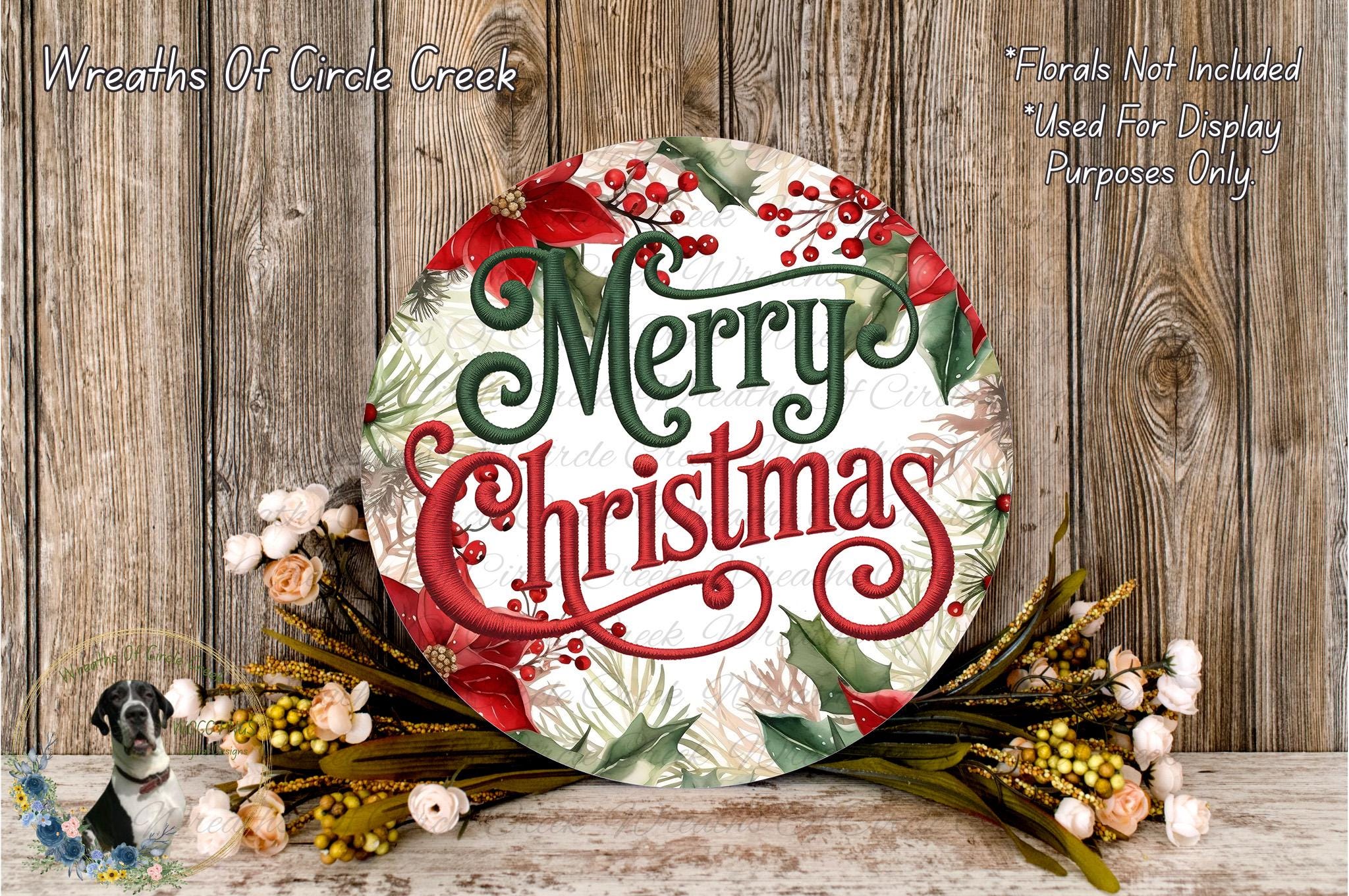Merry Christmas Sign | Embroidery Style Holiday Wreath