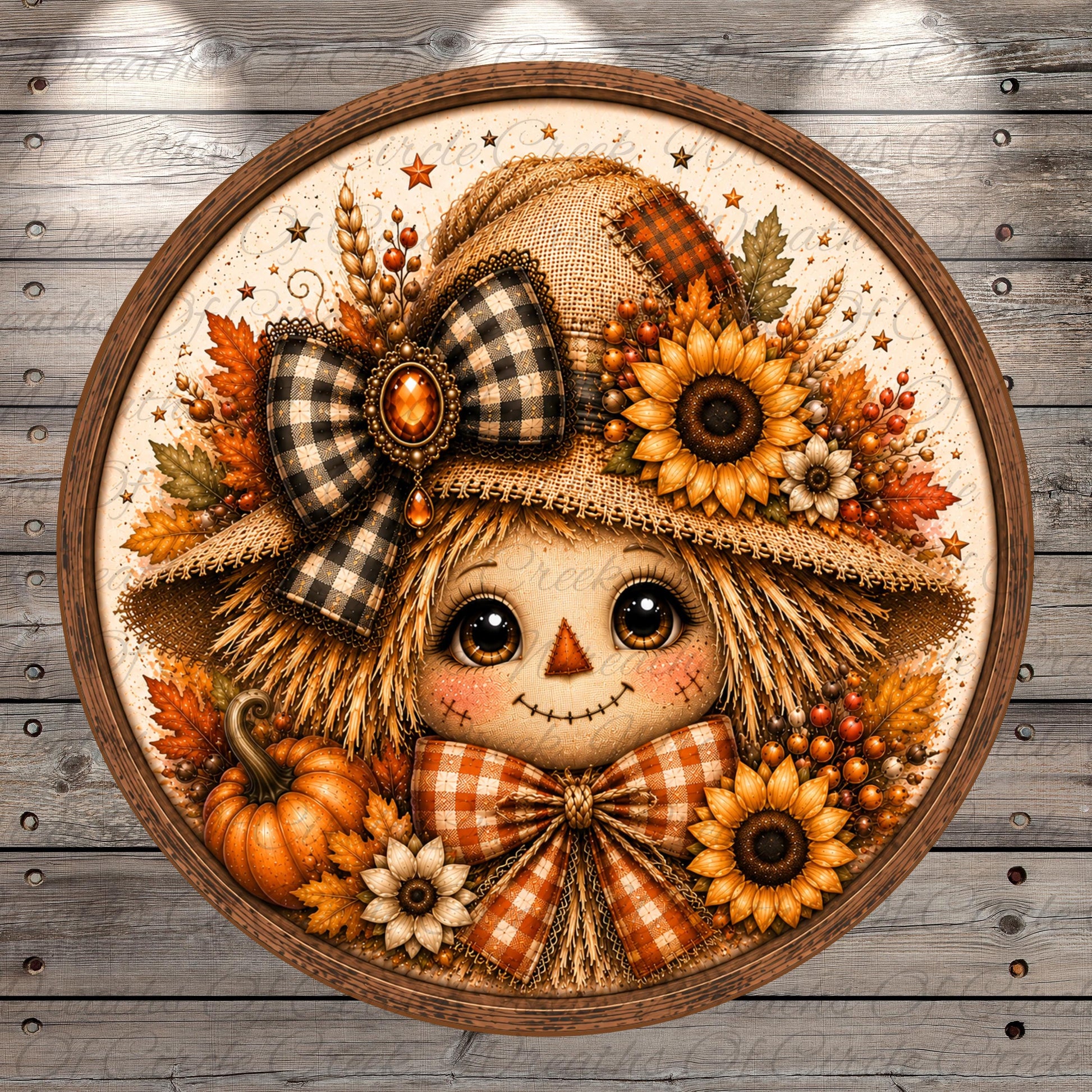 A decorative round frame with a painted scarecrow face surrounded by autumn-themed elements such as sunflowers, pumpkins, and leaves.