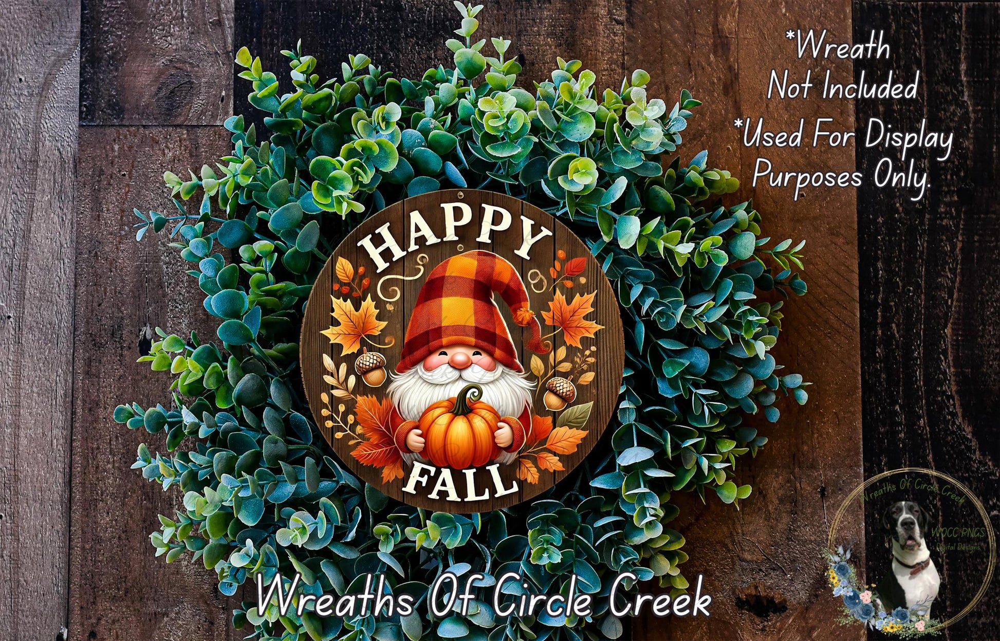 a wreath with a picture of a gnome on it