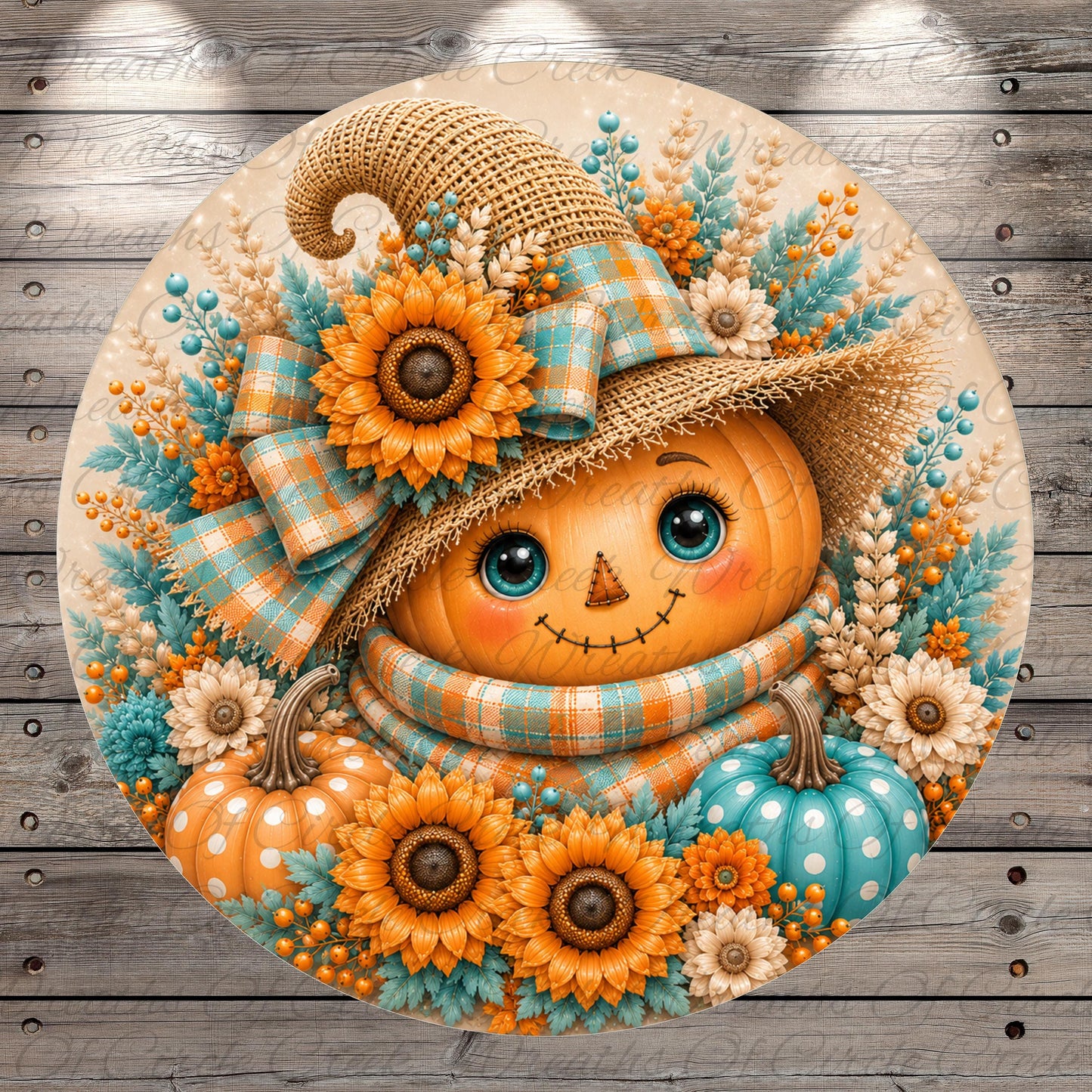 A round, decorative pumpkin with a face, surrounded by flowers, a plaid hat, and a straw hat.