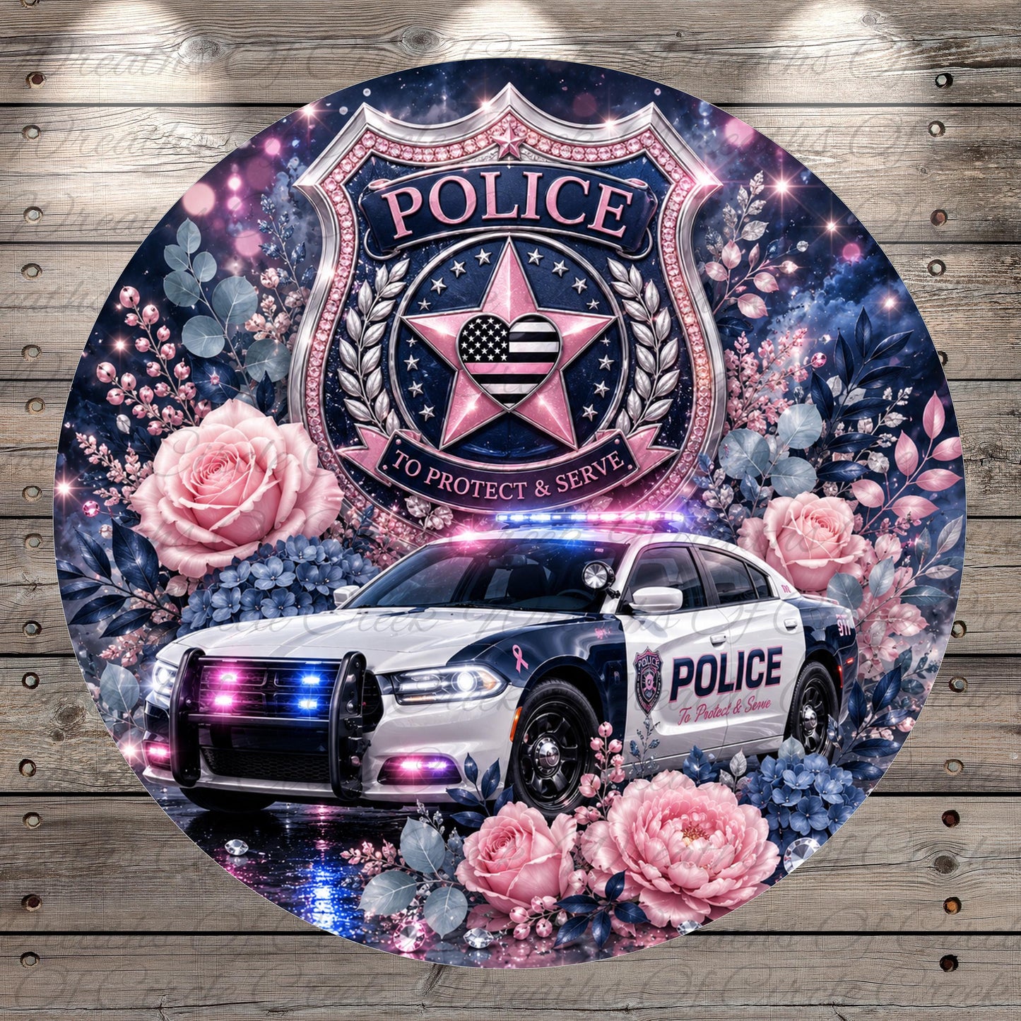 a police car surrounded by flowers and a shield with the word "POLICE" prominently displayed.