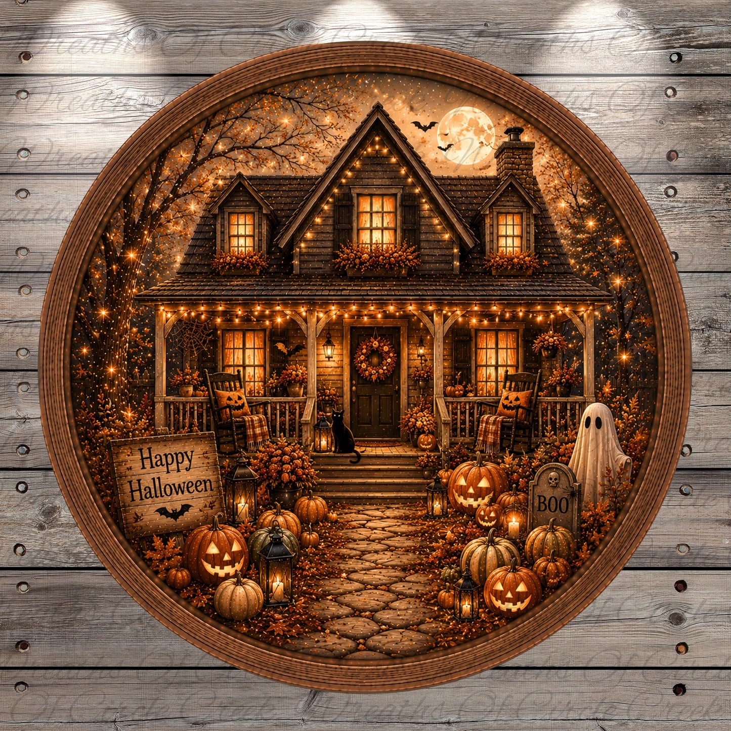 A Halloween-themed illustration of a house with a porch, surrounded by pumpkins, lanterns, and a ghost, all illuminated by string lights and a full moon.