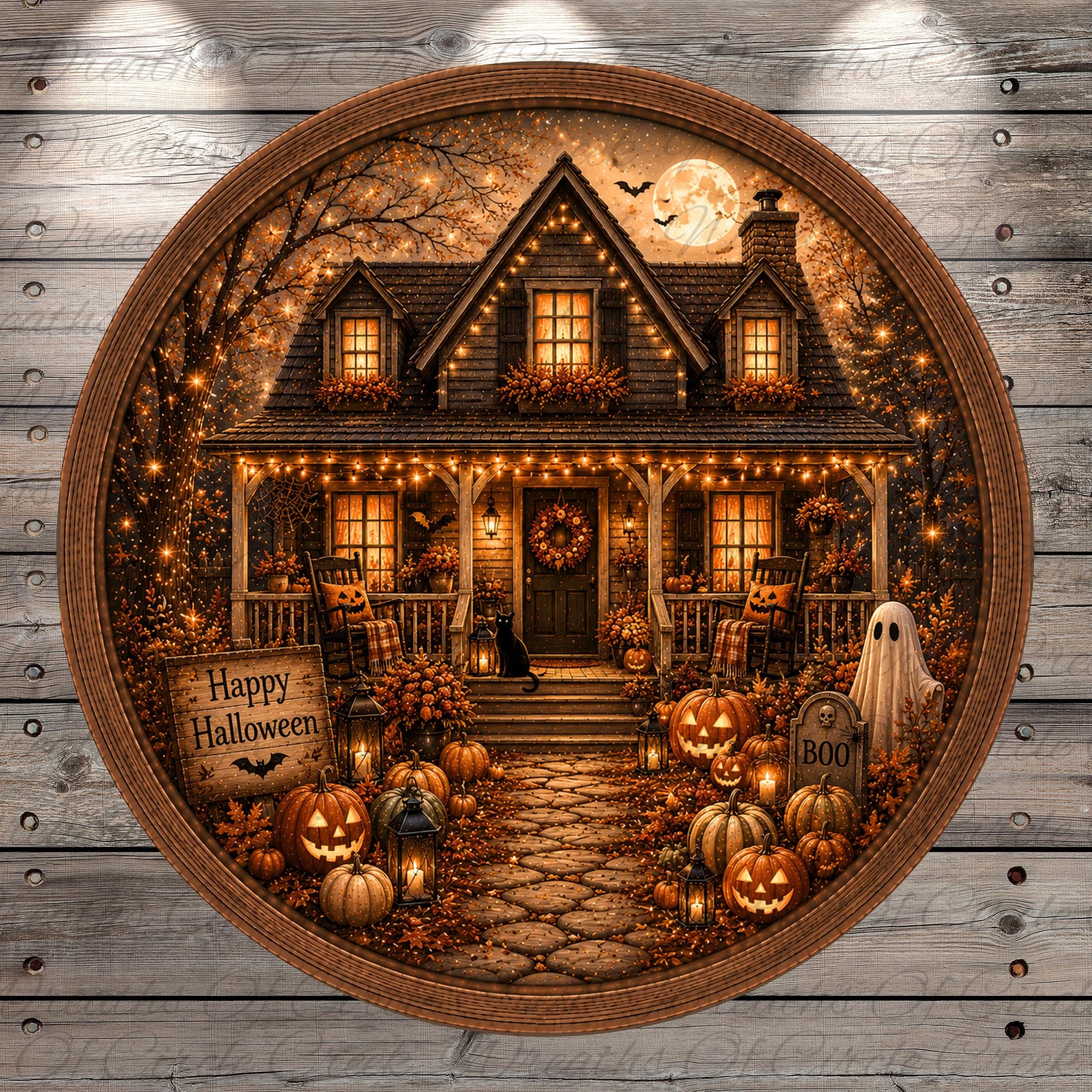 A Halloween-themed illustration of a house with a porch, surrounded by pumpkins, lanterns, and a ghost, all illuminated by string lights and a full moon.