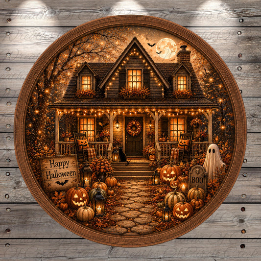 A Halloween-themed illustration of a house with a porch, surrounded by pumpkins, lanterns, and a ghost, all illuminated by string lights and a full moon.