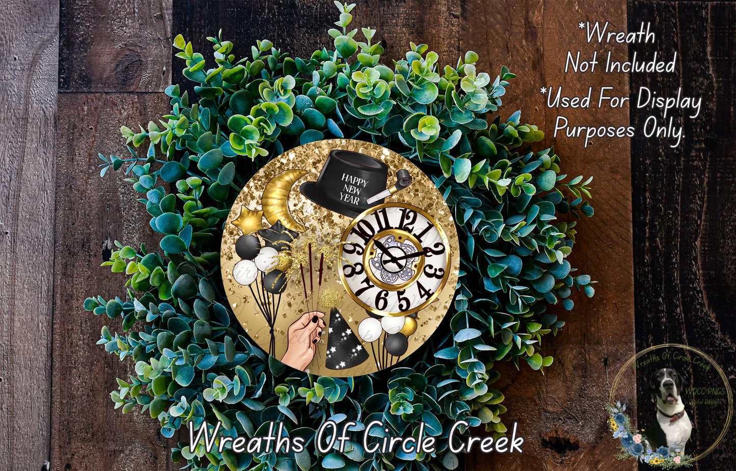 Happy New Year Clock Sign | Lightweight Round Metal Wreath Sign | No Holes in Sign | Festive Party Decor