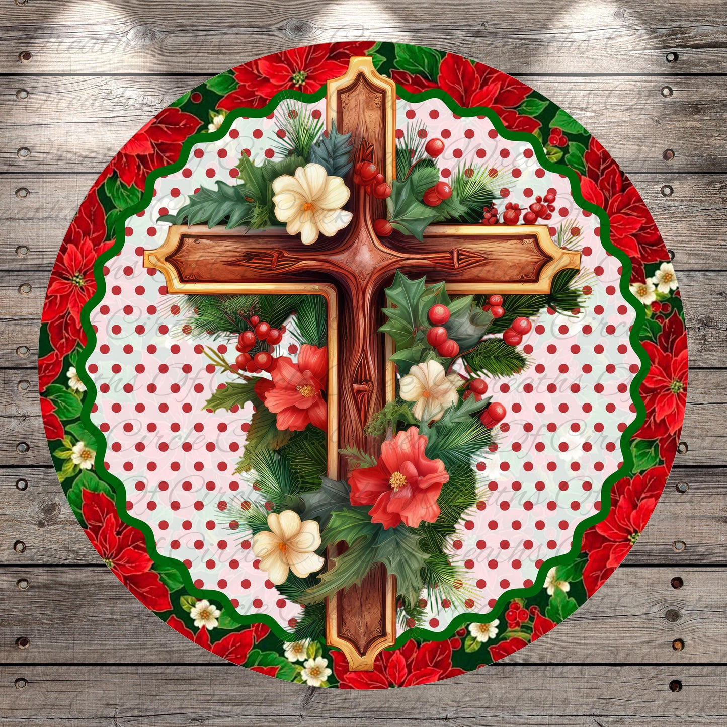 A circular, decorative image featuring a wooden cross surrounded by a floral arrangement of red poinsettias, white flowers, and greenery against a polka dot background.