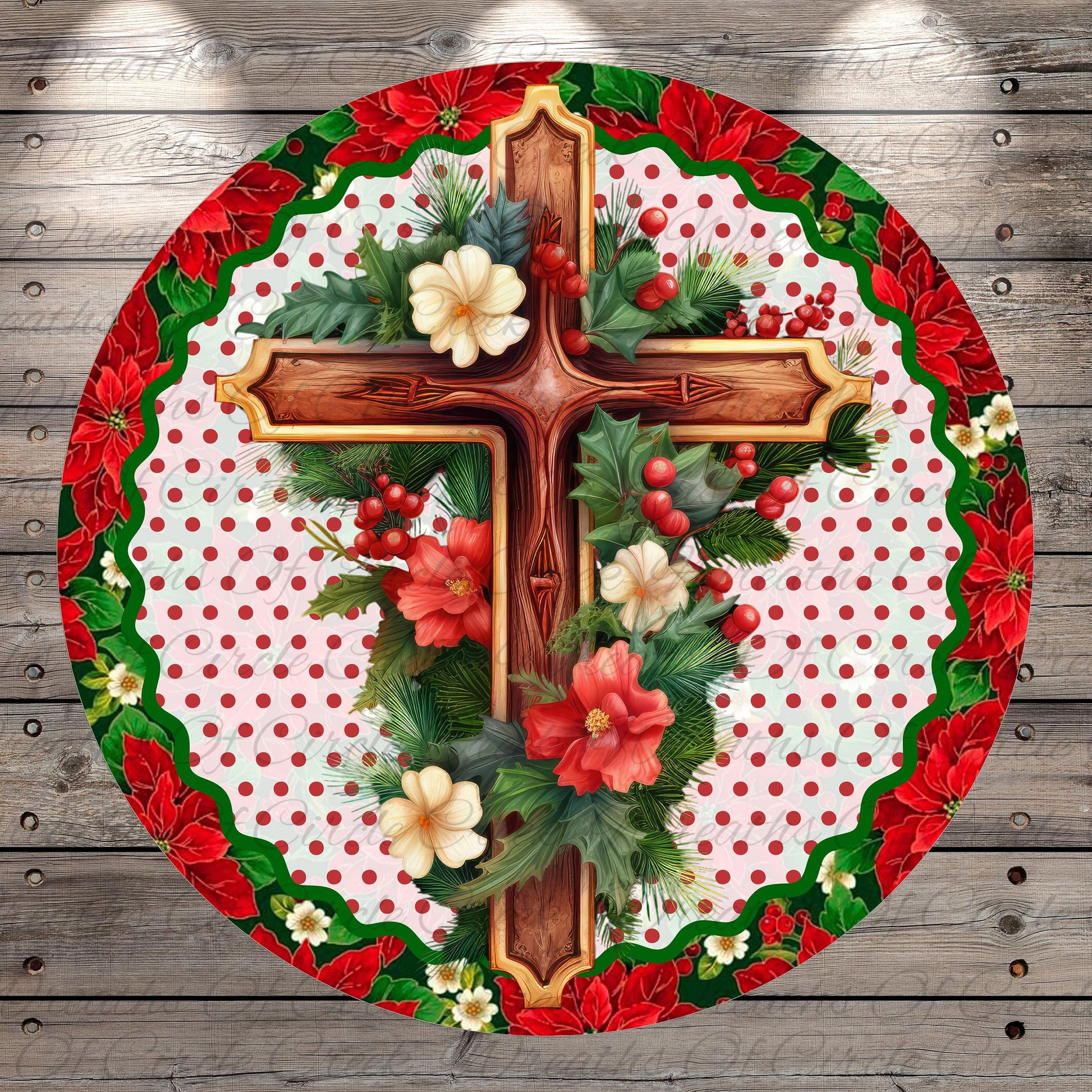 A circular, decorative image featuring a wooden cross surrounded by a floral arrangement of red poinsettias, white flowers, and greenery against a polka dot background.