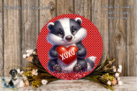 A red circular wreath with a cartoon badger holding a red heart-shaped object, surrounded by flowers and a wooden background.