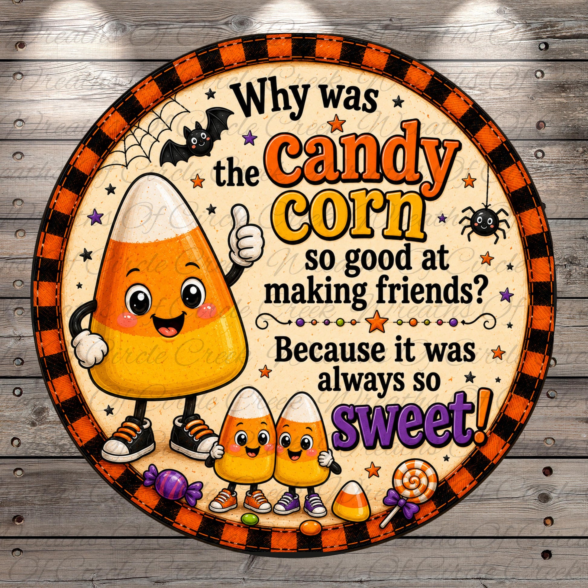 a candy corn character surrounded by various Halloween-themed elements, including a bat, spider, and stars. The text on the image reads, "Why was the candy corn so good at making friends? Because it was always so sweet!"