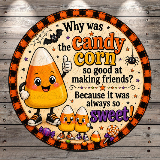 a candy corn character surrounded by various Halloween-themed elements, including a bat, spider, and stars. The text on the image reads, "Why was the candy corn so good at making friends? Because it was always so sweet!"