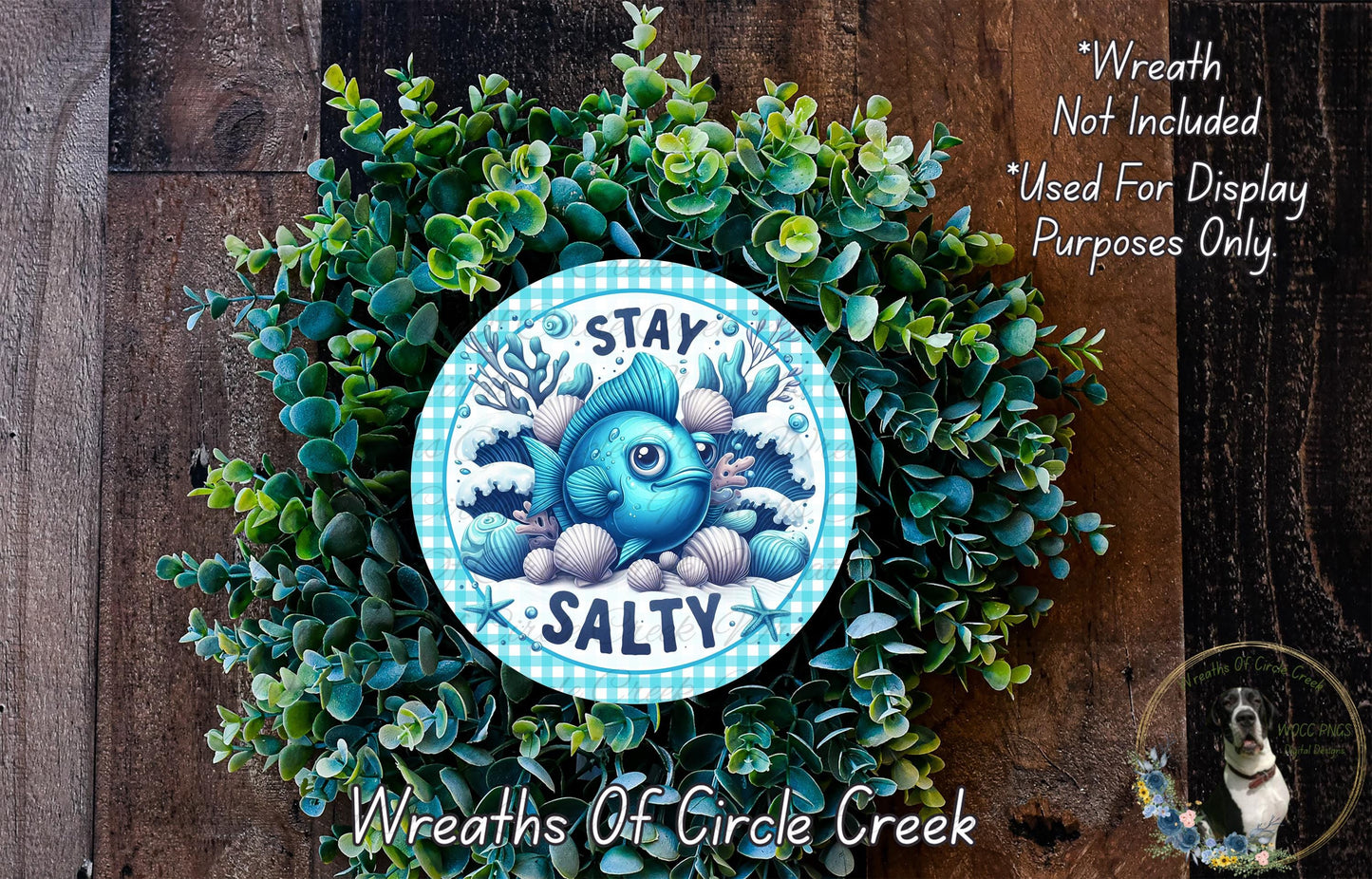 Stay Salty Fish Sign | Lightweight Round Metal Wreath Sign | No Holes in Sign | Coastal Beach House Decor