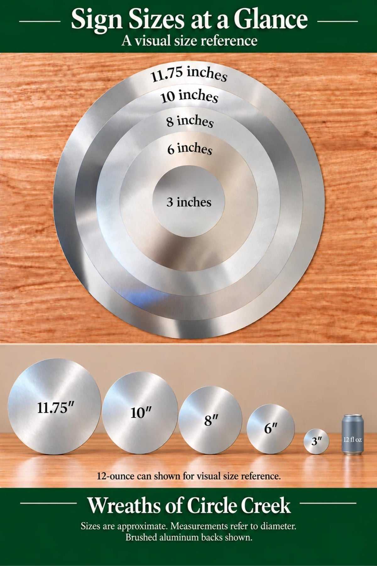 The image is a visual size reference for sign sizes, showing the different sizes of wreaths of Circle Creek. It includes a central circle with the sizes 11.75", 10", 8", 6", and 3" shown, and a series of smaller circles representing the sizes of the wreaths. The image also includes a can of aluminum wreaths and a wooden surface, providing a visual context for the sizes.