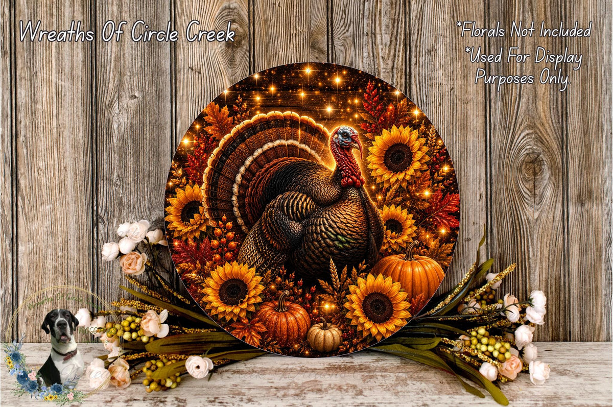 A decorative wreath featuring a turkey surrounded by autumn foliage, sunflowers, and pumpkins, with a wooden background.
