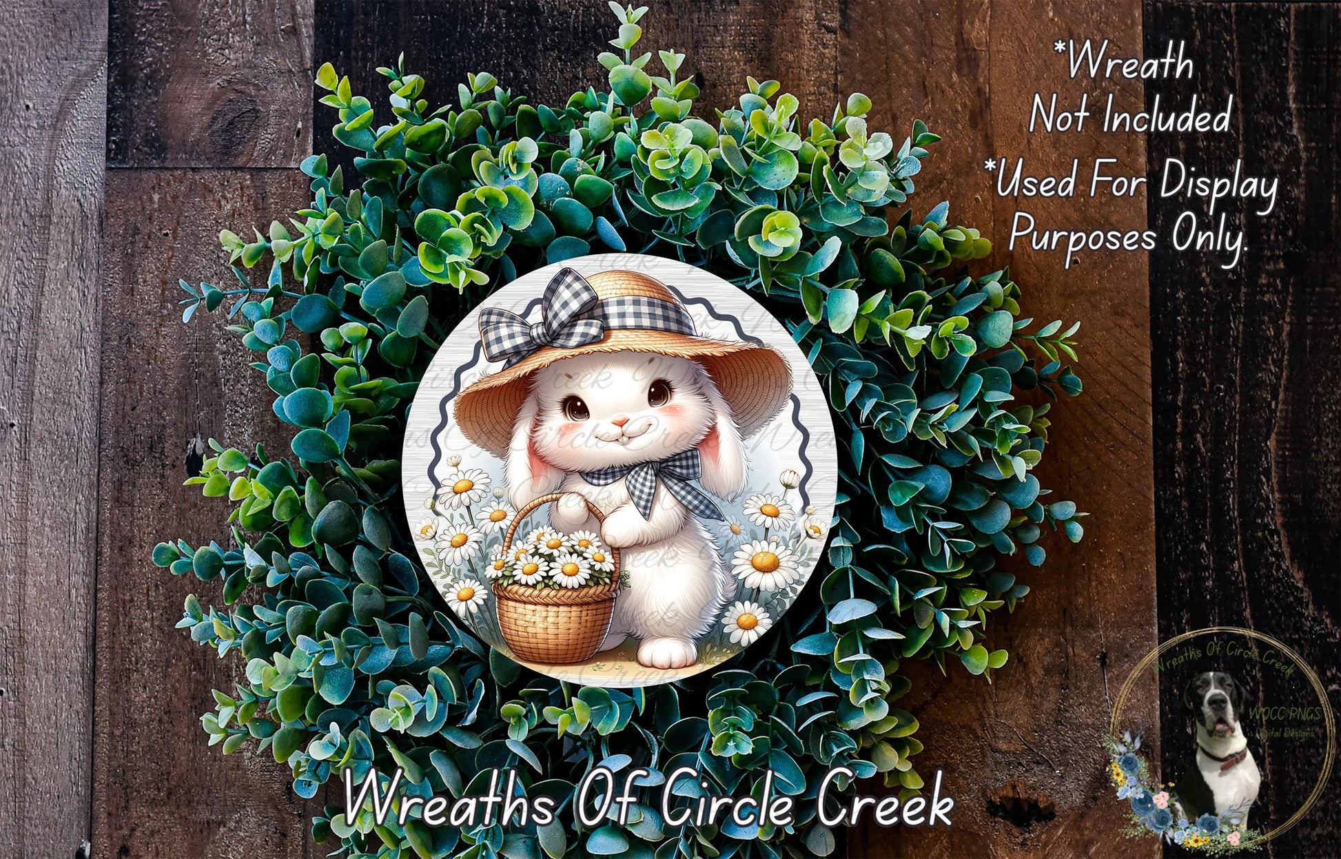 A wreath featuring a cartoon rabbit wearing a hat and holding a basket of flowers, surrounded by a lush green plant.