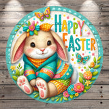 A cheerful Easter bunny wearing a sweater and surrounded by colorful flowers and butterflies, with the text "Happy Easter" displayed prominently.