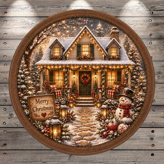 A beautifully decorated Christmas scene featuring a cozy, snow-covered house surrounded by trees, lights, and a wreath. A snowman and lanterns are also present, creating a festive atmosphere.