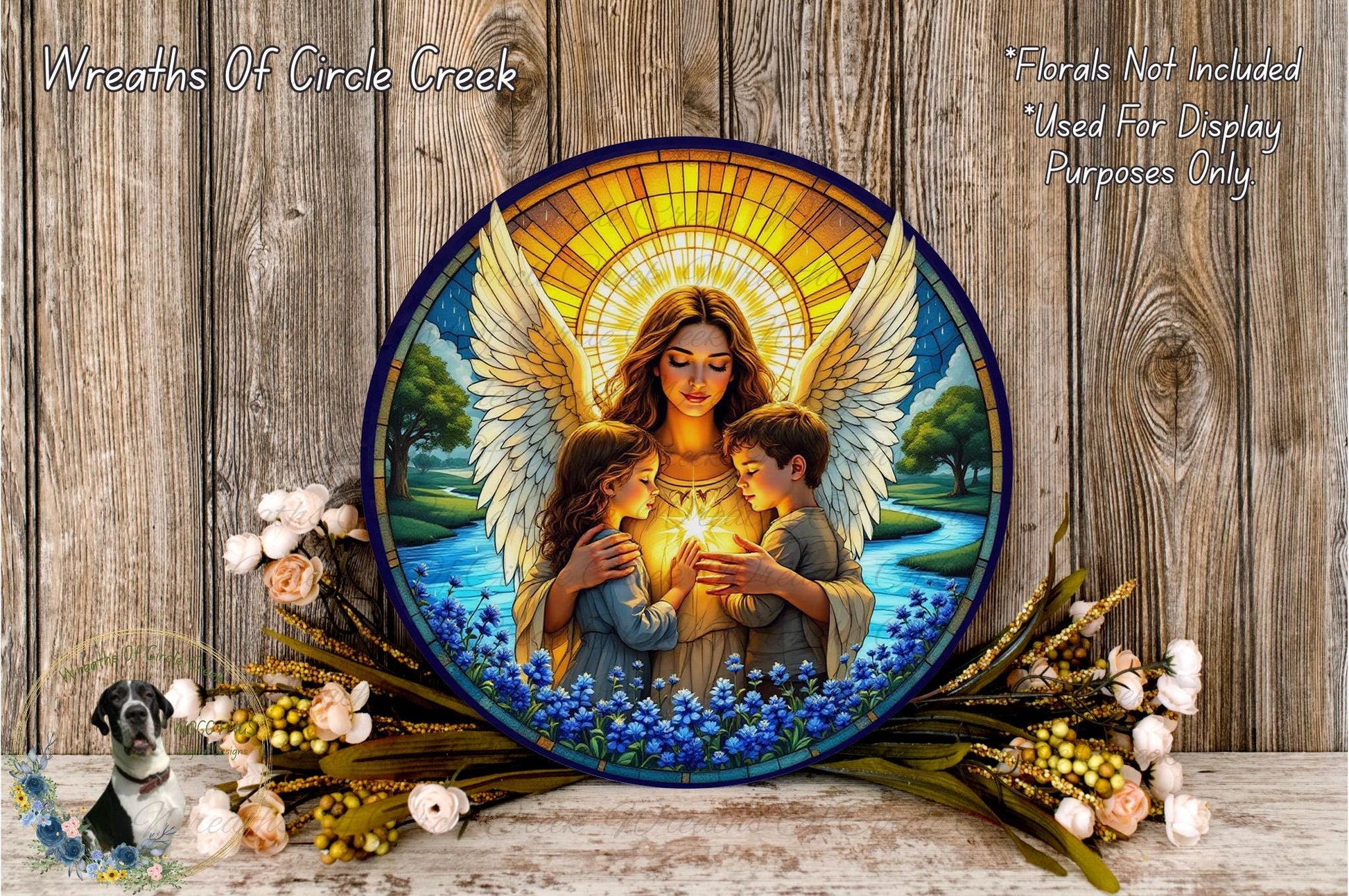 a large, colorful, and detailed painting of a woman with wings and a child, surrounded by flowers and a serene landscape.