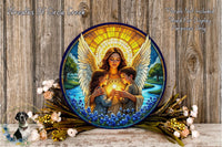 a large, colorful, and detailed painting of a woman with wings and a child, surrounded by flowers and a serene landscape.