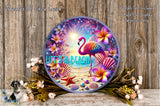 A decorative plate with a vibrant, colorful scene featuring a flamingo, flowers, and a beach setting.