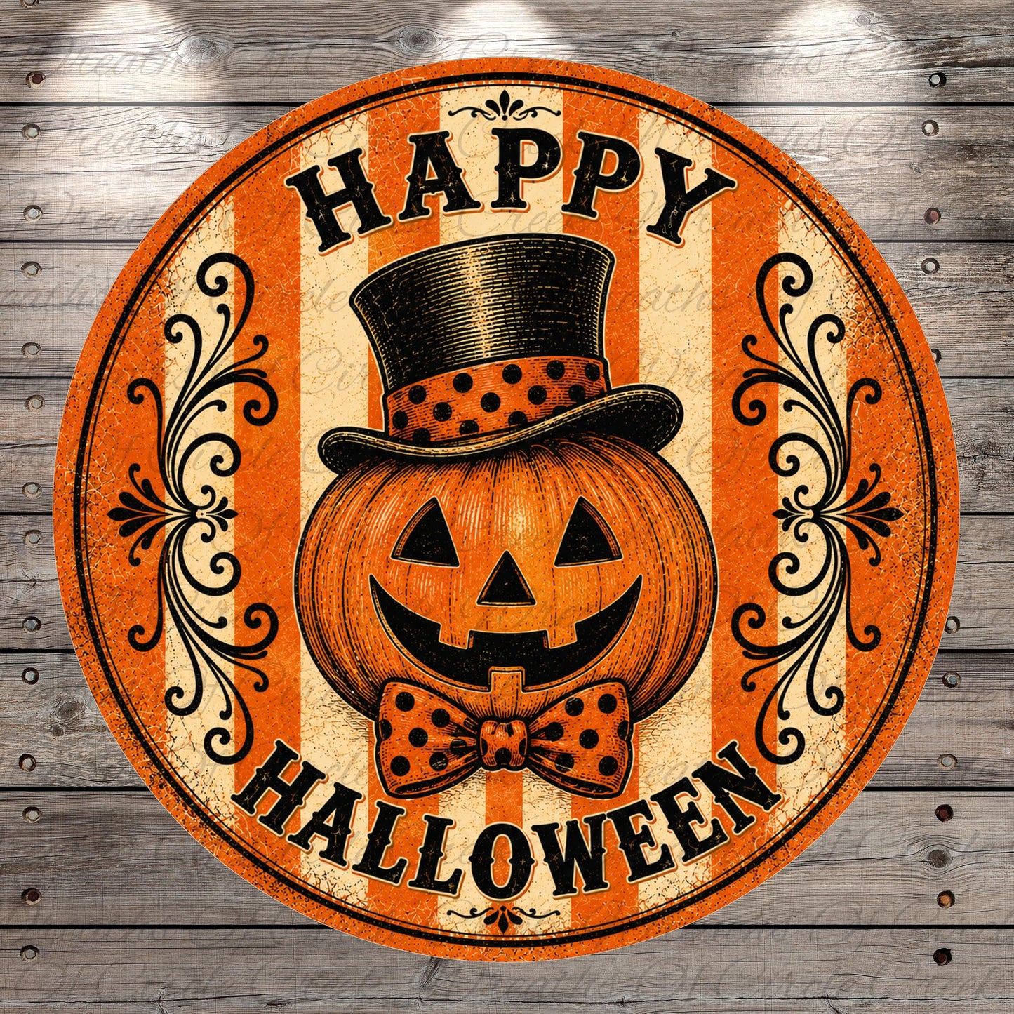 A circular Halloween-themed sign featuring a jack-o-lantern wearing a top hat and bow tie, with the text "Happy Halloween" displayed on the sign.