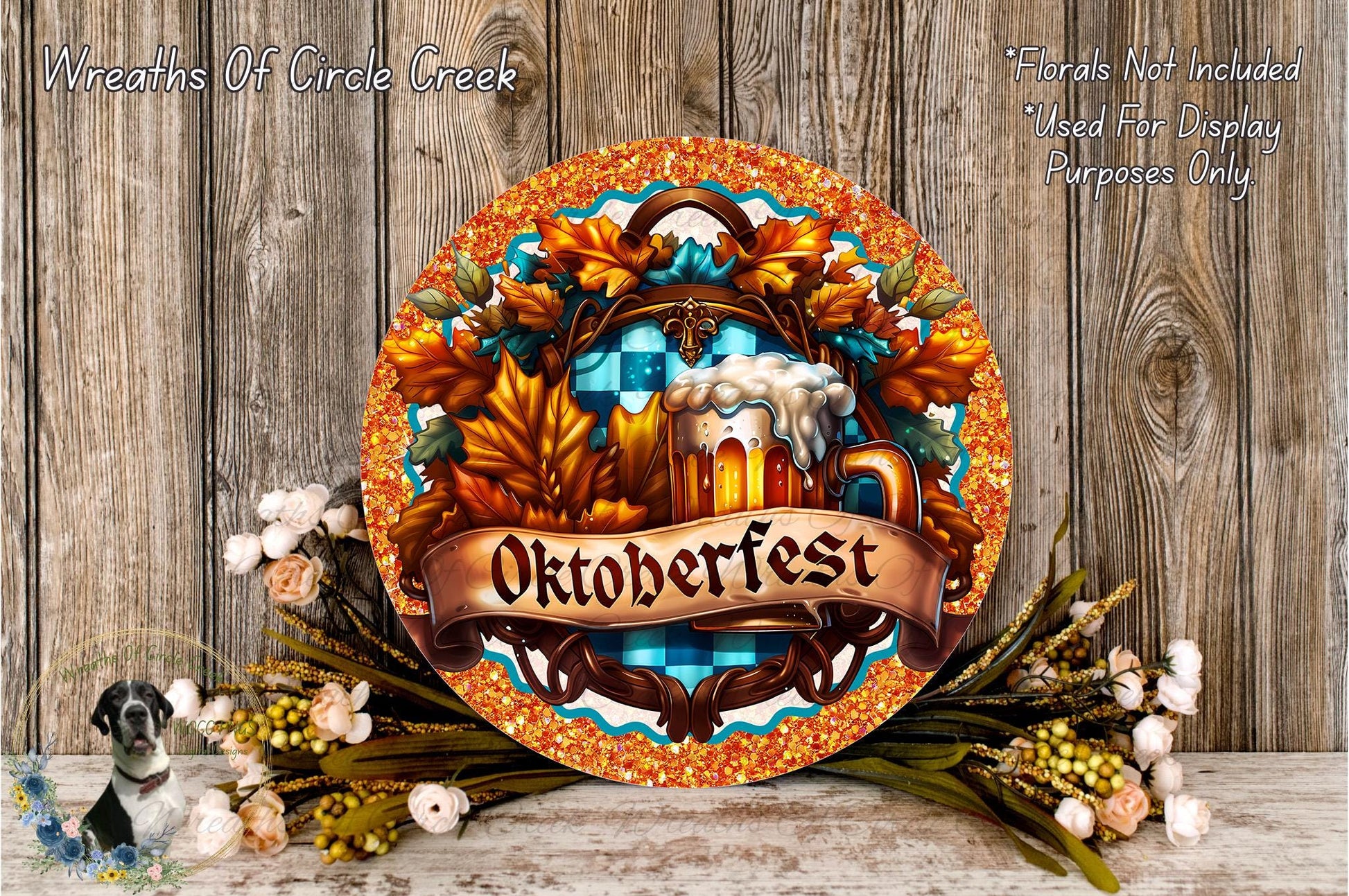 a decorative plate with a wreath design and the word "Oktoberfest" written on it, placed on a wooden surface.