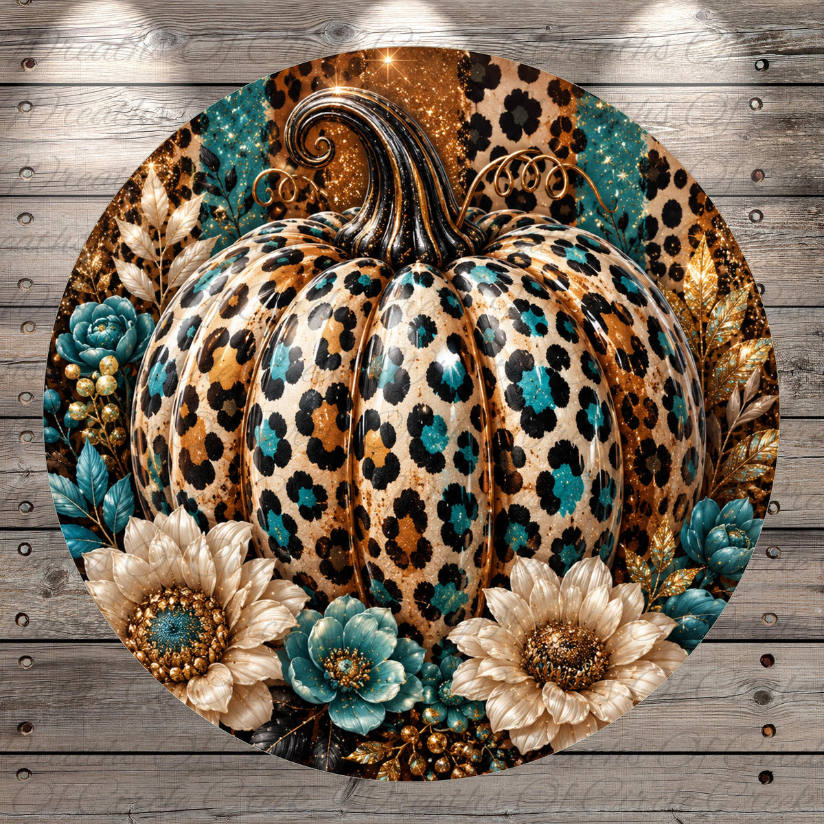 A large leopard print pumpkin with a golden stem and leaves, surrounded by white and blue flowers, against a wooden background.