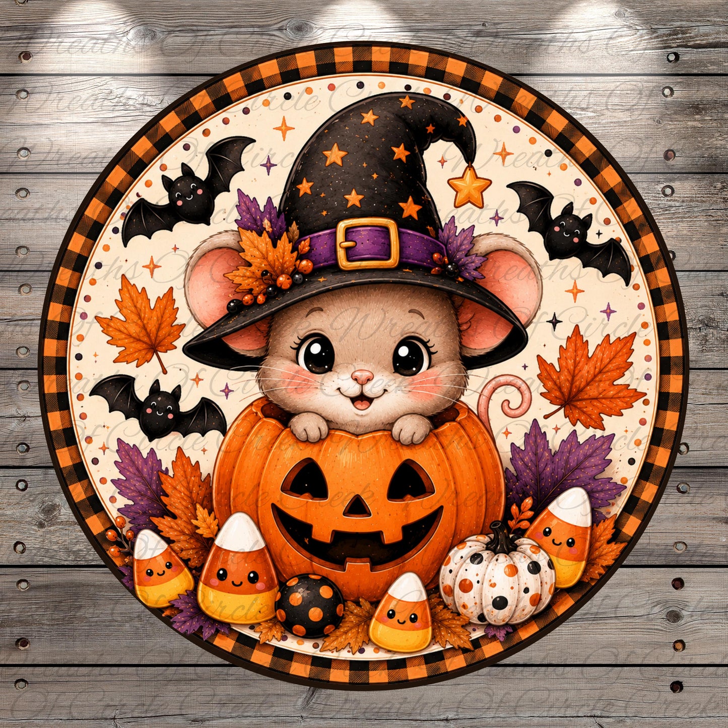 A whimsical illustration of a mouse wearing a witch's hat and holding a carved jack-o-lantern, surrounded by autumn leaves, candy canes, and bats, all set against a wooden background.