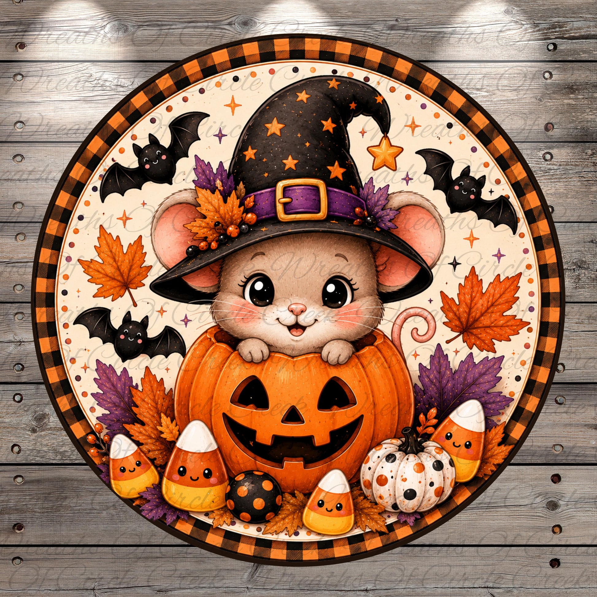 A whimsical illustration of a mouse wearing a witch's hat and holding a carved jack-o-lantern, surrounded by autumn leaves, candy canes, and bats, all set against a wooden background.