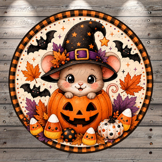 A whimsical illustration of a mouse wearing a witch's hat and holding a carved jack-o-lantern, surrounded by autumn leaves, candy canes, and bats, all set against a wooden background.