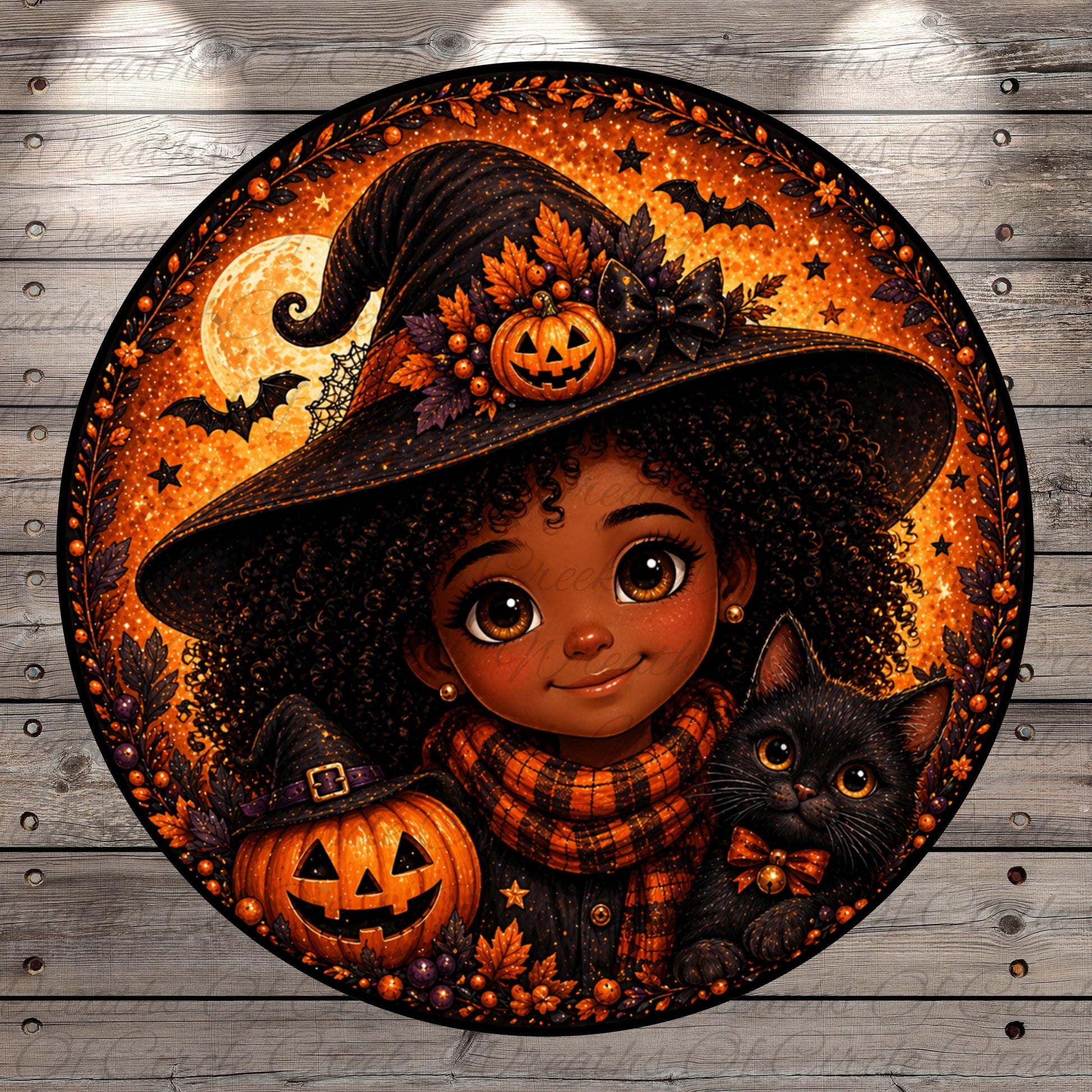 A young girl wearing a witch's hat and holding a carved pumpkin is surrounded by a black cat and a carved jack-o-lantern.