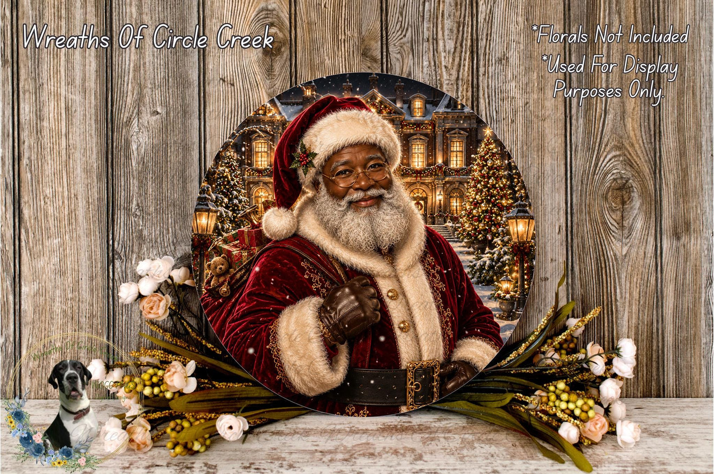A circular photo of Santa Claus wearing a red velvet suit and a white beard, surrounded by a wreath of flowers and a Christmas tree.