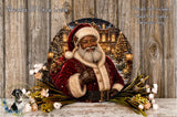 A circular photo of Santa Claus wearing a red velvet suit and a white beard, surrounded by a wreath of flowers and a Christmas tree.
