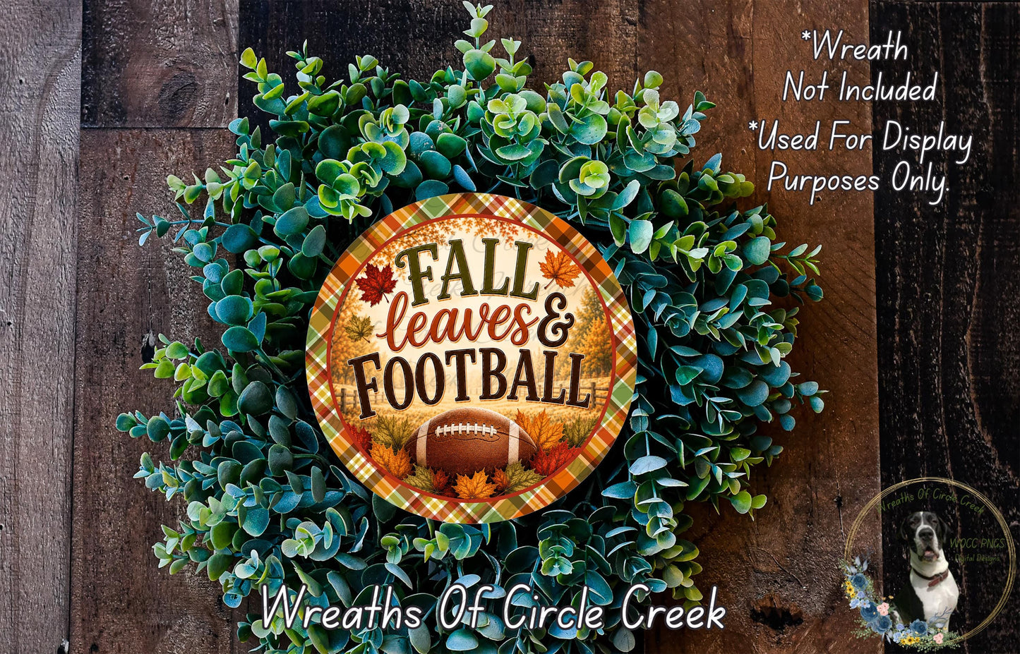 a wreath made of green leaves and a football, with the text "FALL leaves & FOOTBALL" displayed on it.