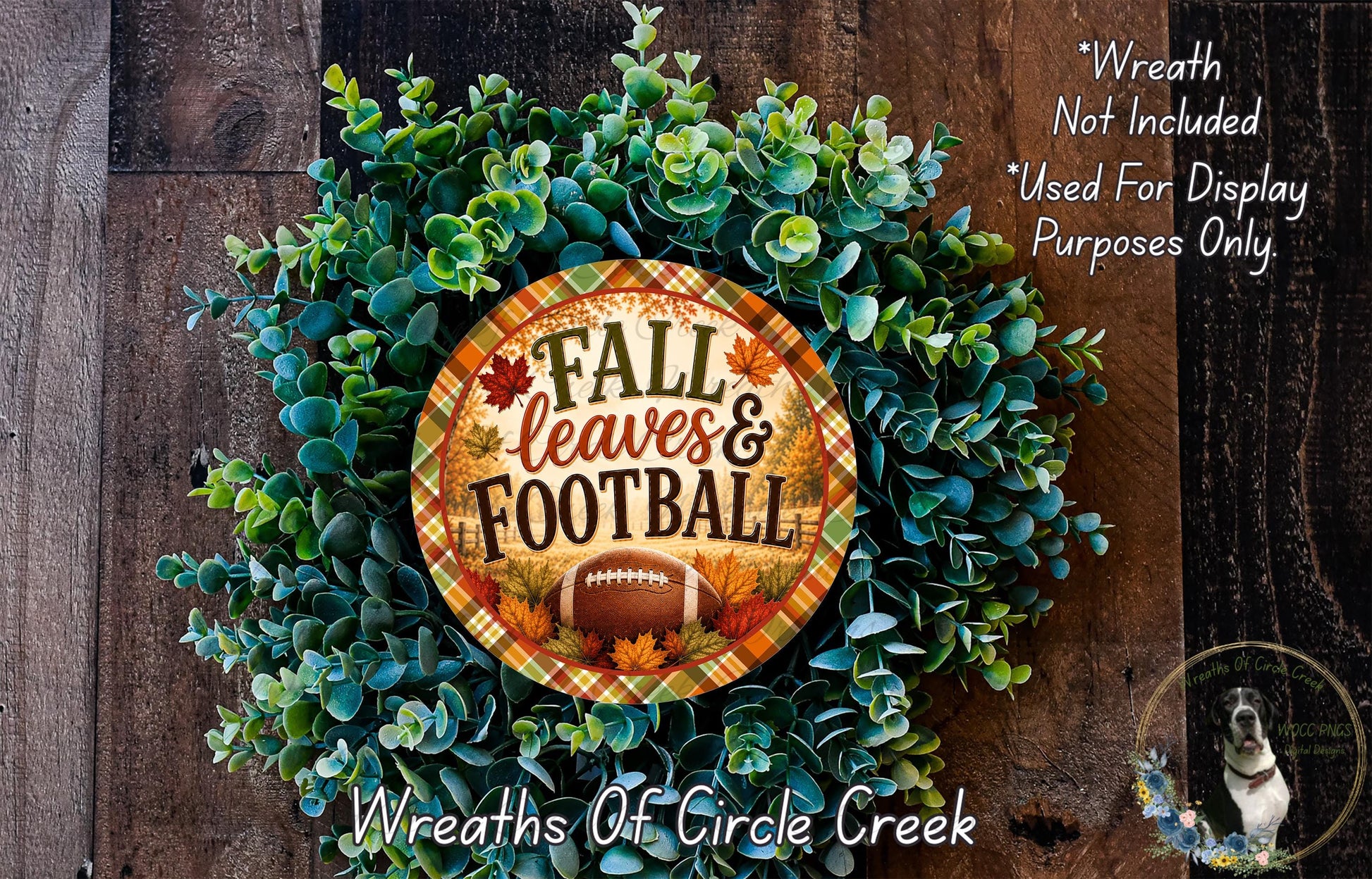 a wreath made of green leaves and a football, with the text "FALL leaves & FOOTBALL" displayed on it.