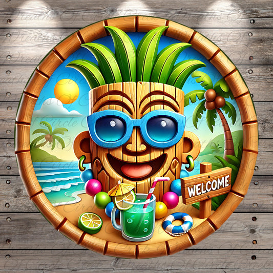 A colorful illustration of a tiki figure wearing sunglasses, surrounded by tropical elements such as a palm tree, beach, and a "WELCOME" sign.